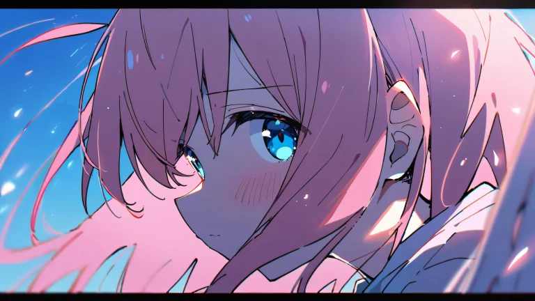 Girl looking at viewer on a perfectly clean vast pure void desktop background with pinkish/pastel hues, anime style.