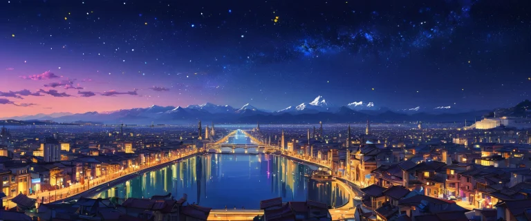 A futuristic cityscape desktop wallpaper with a vast pure void and distant blue-yellow starry night sky, ideal for Desktop/PC screens.
