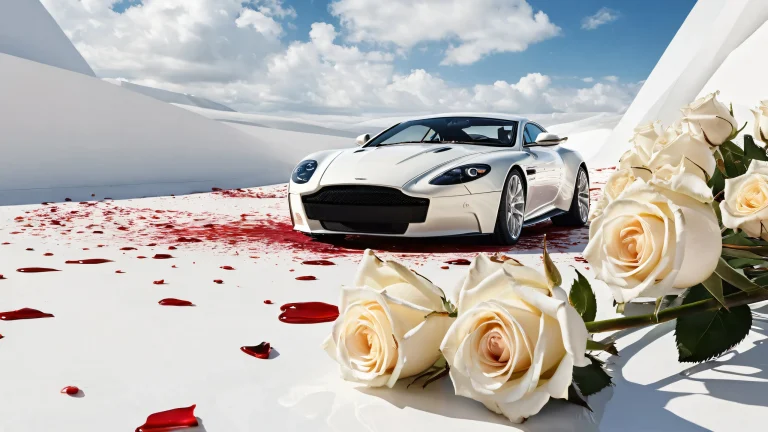 James Bond desktop wallpaper with blood-stained white roses and ethereal lighting on a pristine void, Geeignet für den PC- oder Desktop-Einsatz.