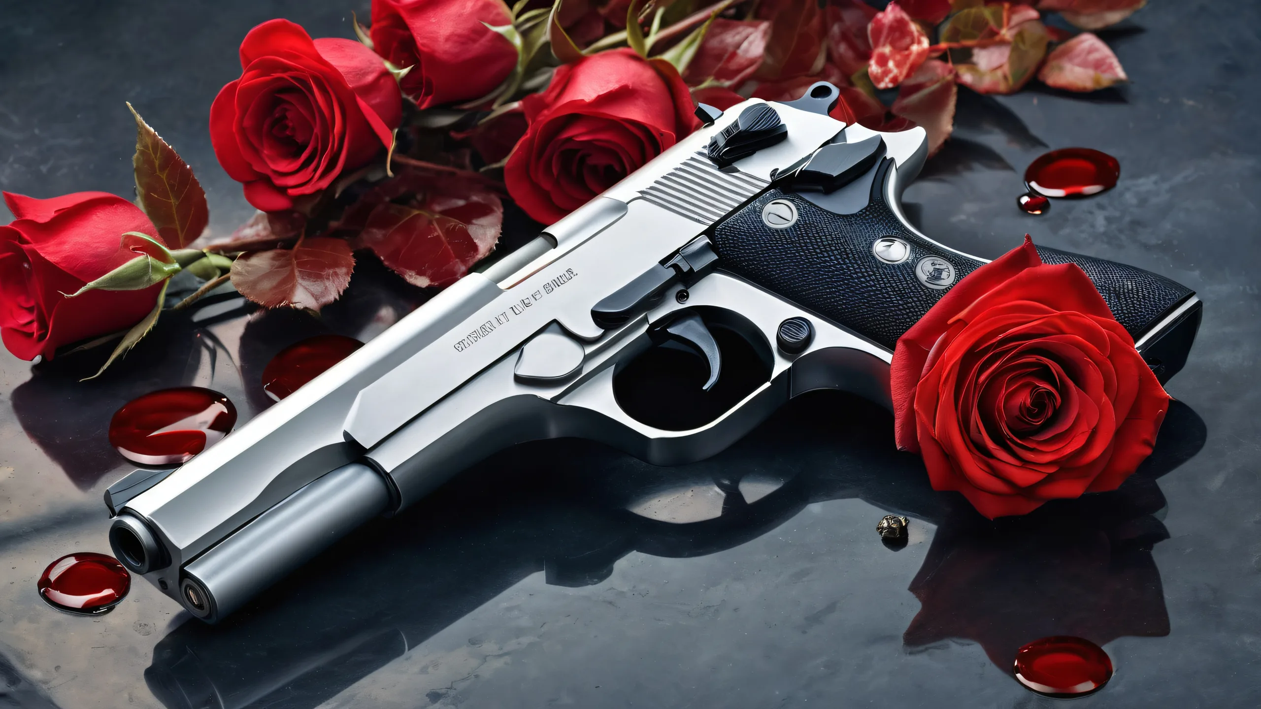 James Bond with Makarov pistol on a pure void desktop background with crimson roses and ethereal lighting.