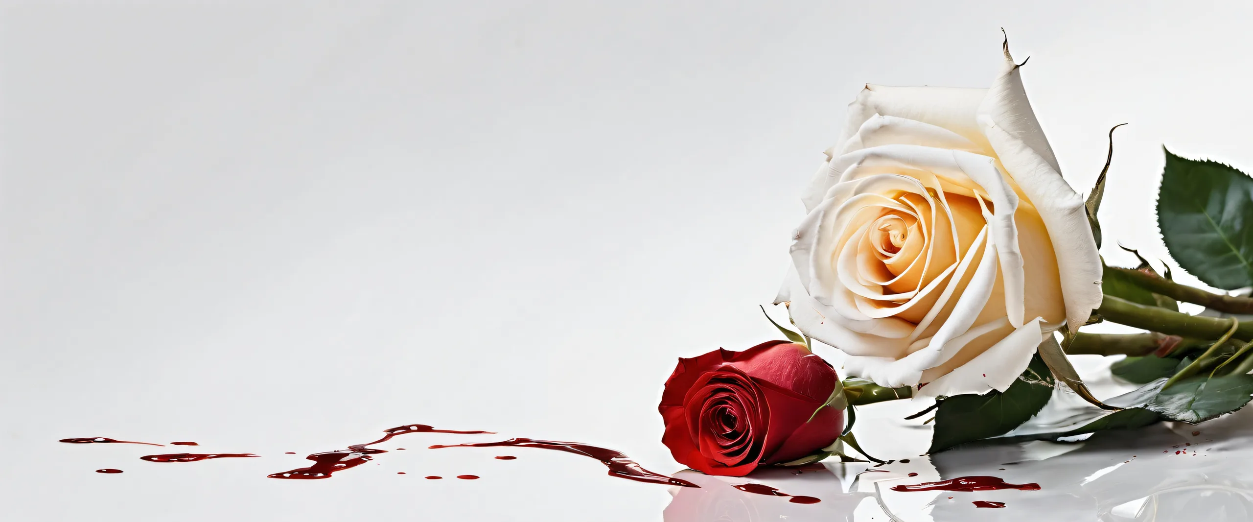 James Bond standing amidst a vast, pure void filled with blood-stained white roses, scythe and hammer. For desktop/pc.