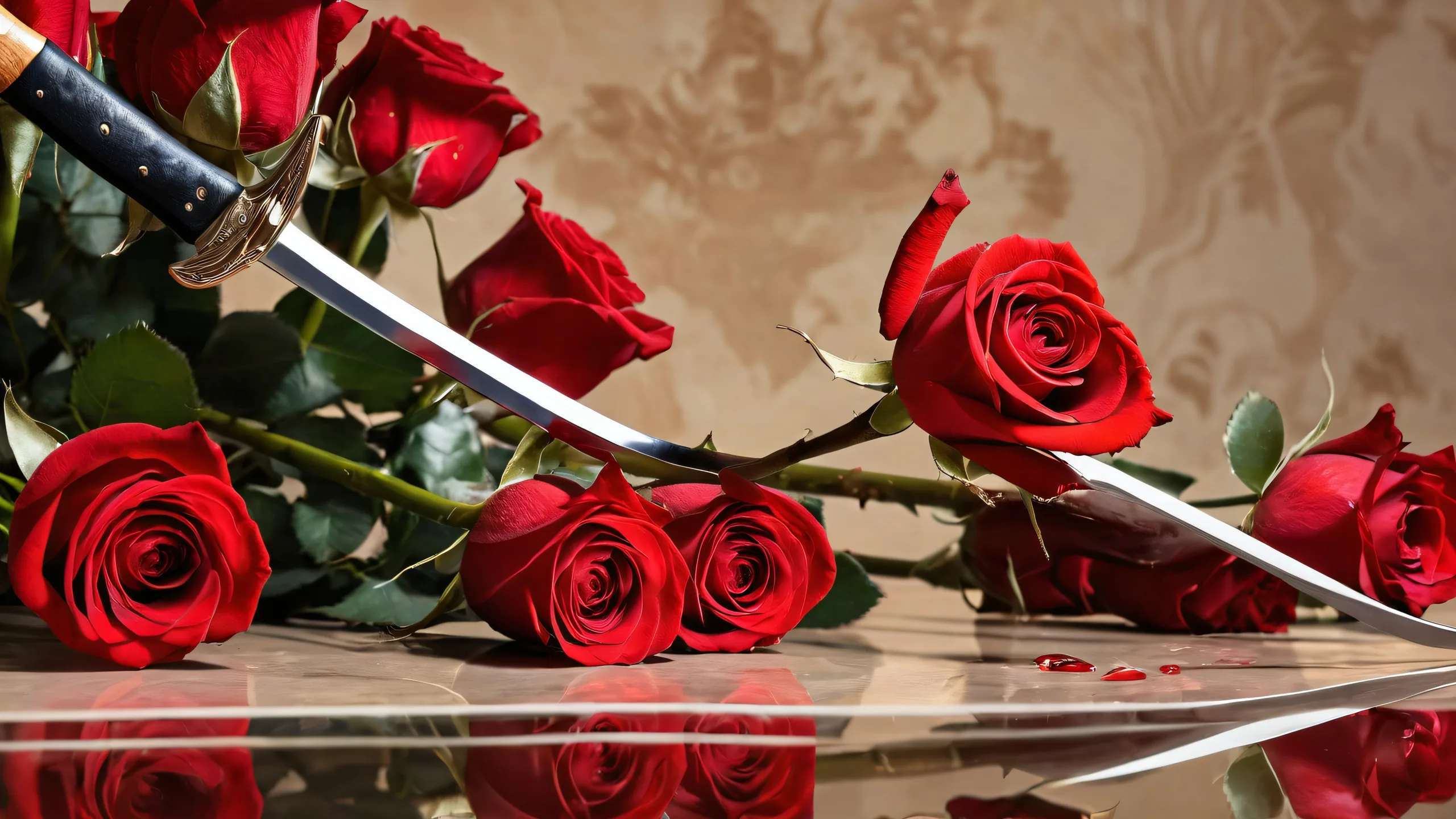 Ethereal desktop scene with James Bond in a vast pure void surrounded by red roses and a scythe and hammer, perfect for PC or Desktop.