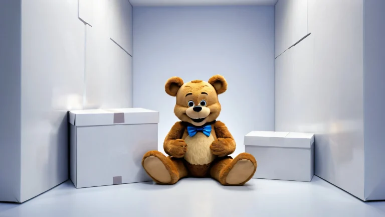 Bonnie Fazbear hiding behind boxes on a pristine desktop/pc, with deep depth of field and ethereal lighting.