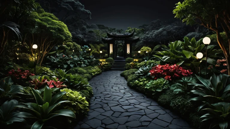A serene and elegant botanical garden desktop scene featuring deep blacks, crisp contrast, and luminescent accents on a dark mode background for PC/ Desktop use.