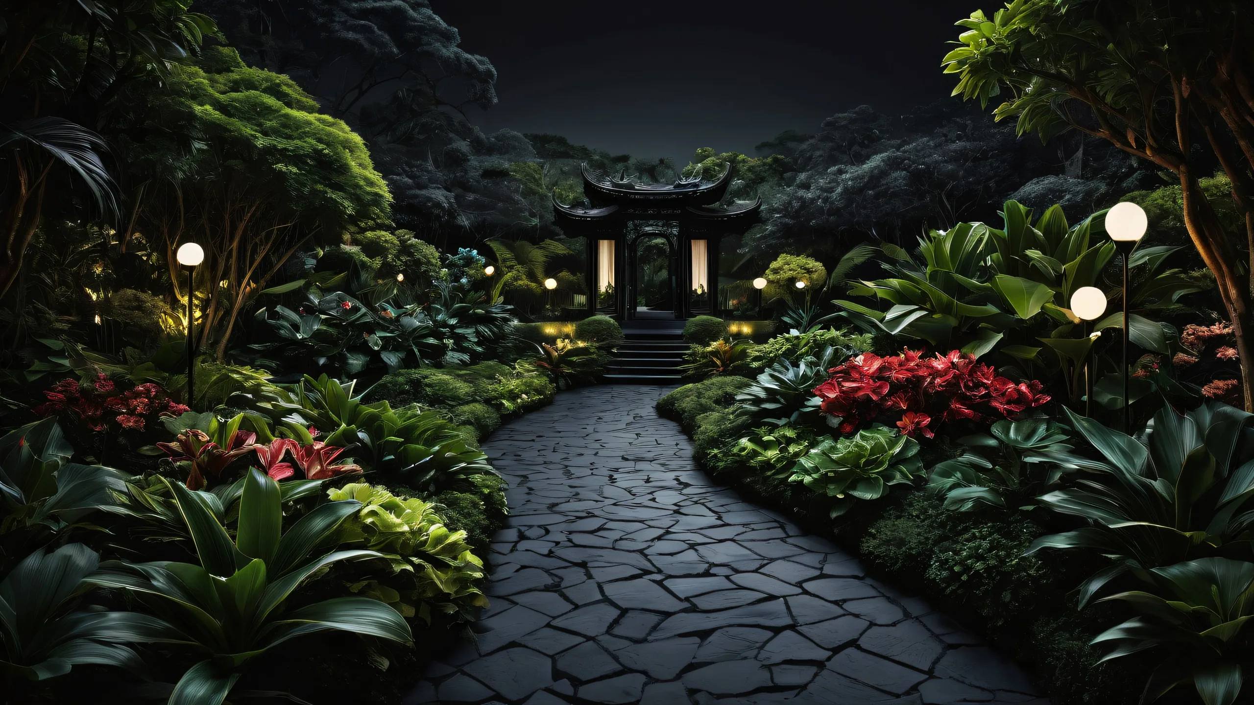 A serene and elegant botanical garden desktop scene featuring deep blacks, crisp contrast, and luminescent accents on a dark mode background for PC/ Desktop use.