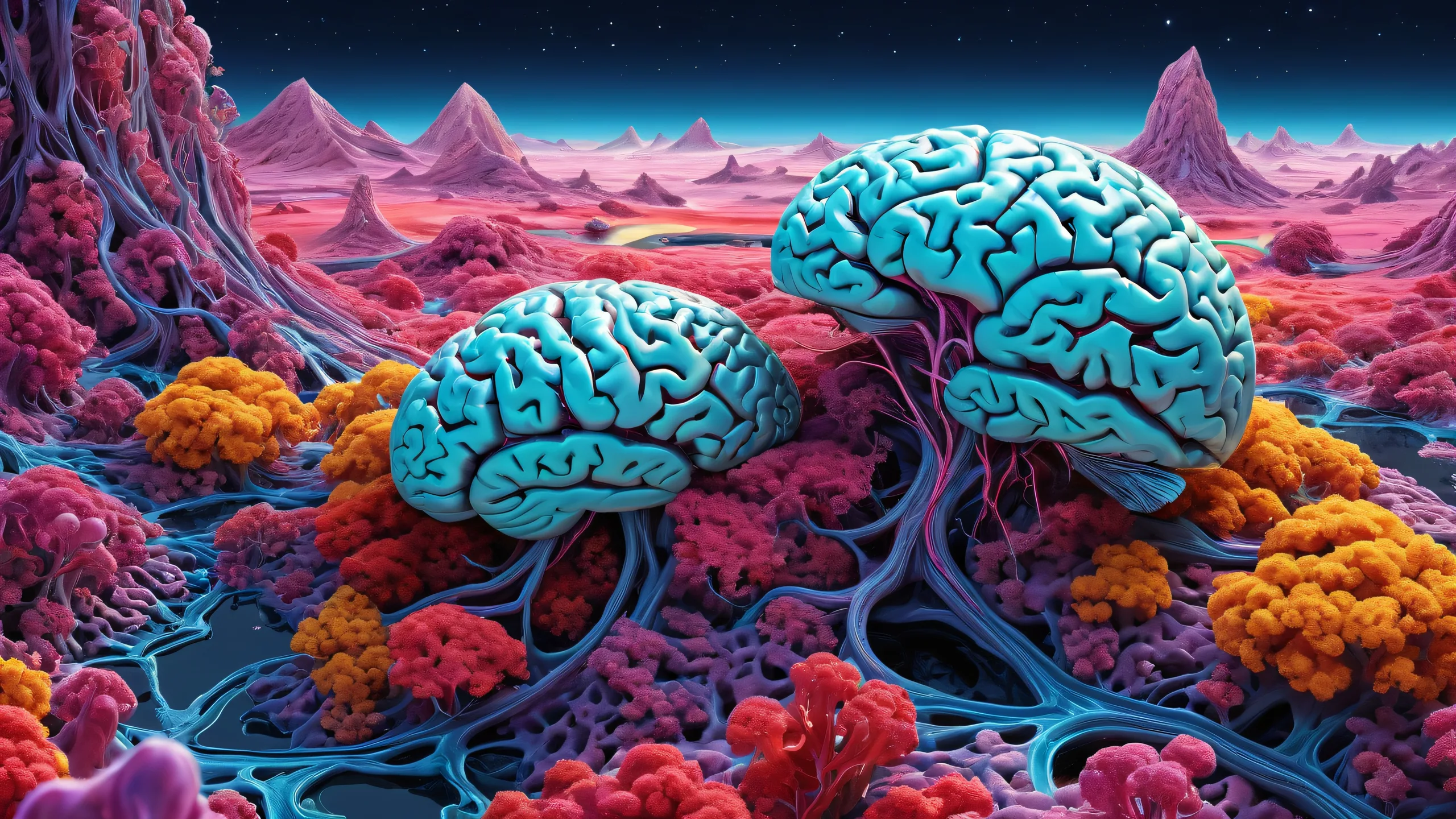 Breathtaking desktop wallpaper of a surreal brain tissue landscape, perfect for a Desktop/PC screen.