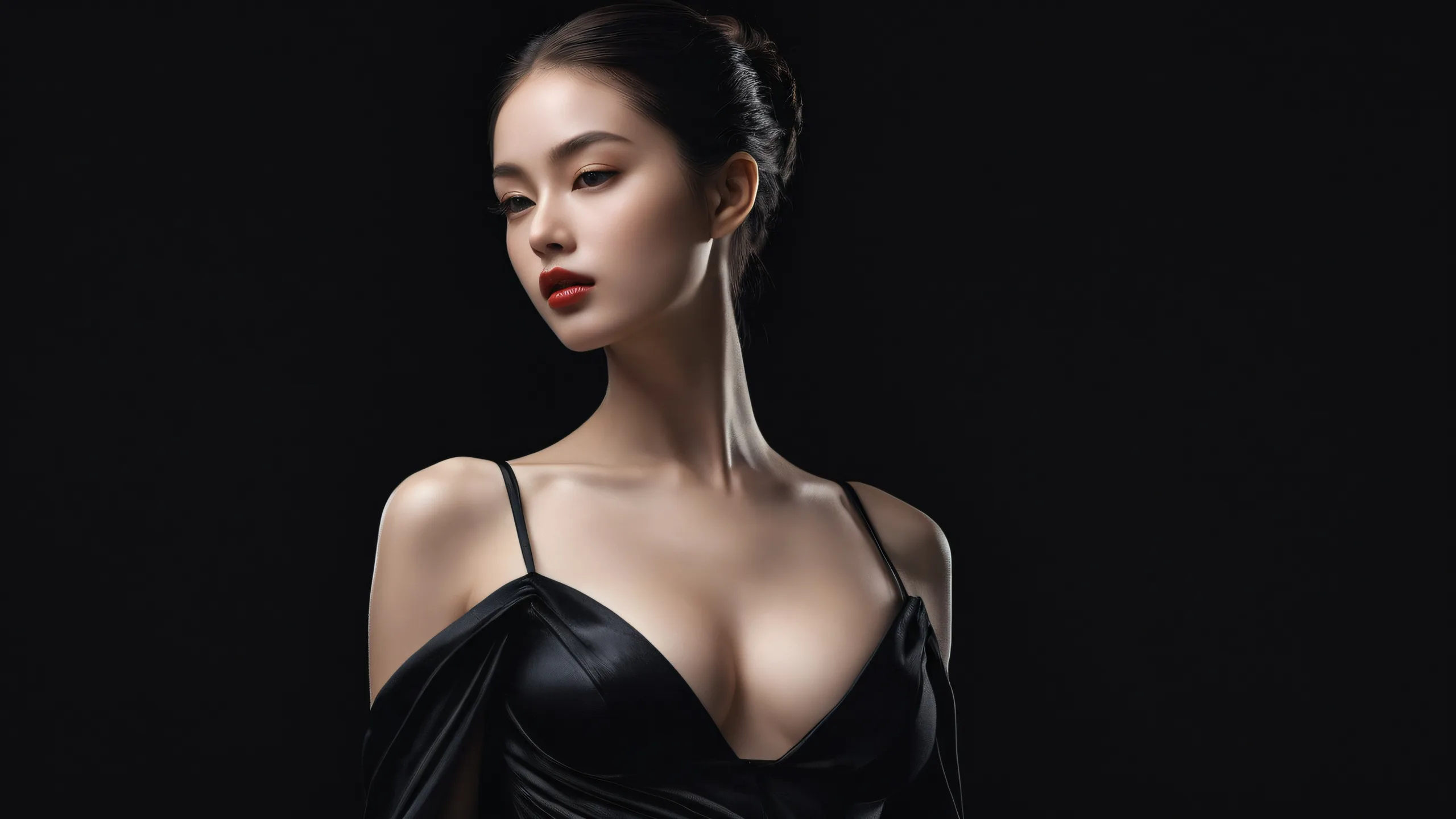 A stunning female figure against a deep void background, perfect for desktop/pc use. The emphasis is on her curves and beauty.