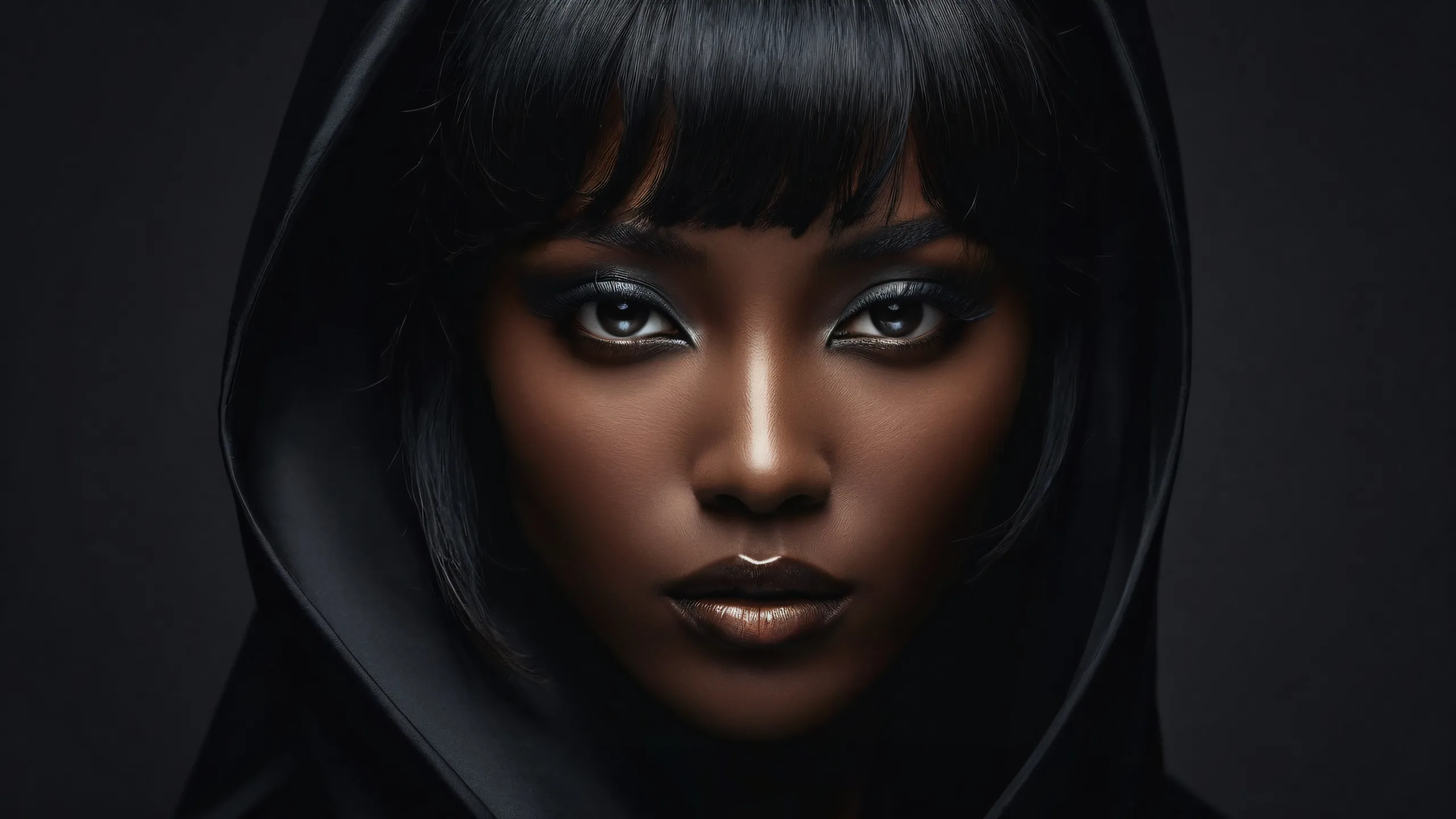 A stunning desktop wallpaper featuring a beautiful face with sleek dark mode aesthetic and deep perfect blacks. Ideal for use on Desktop/PC.