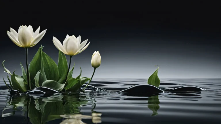 A stunning desktop wallpaper featuring flowers and water, perfect for a PC or desktop setup with extreme depth of field and subtle ripples.