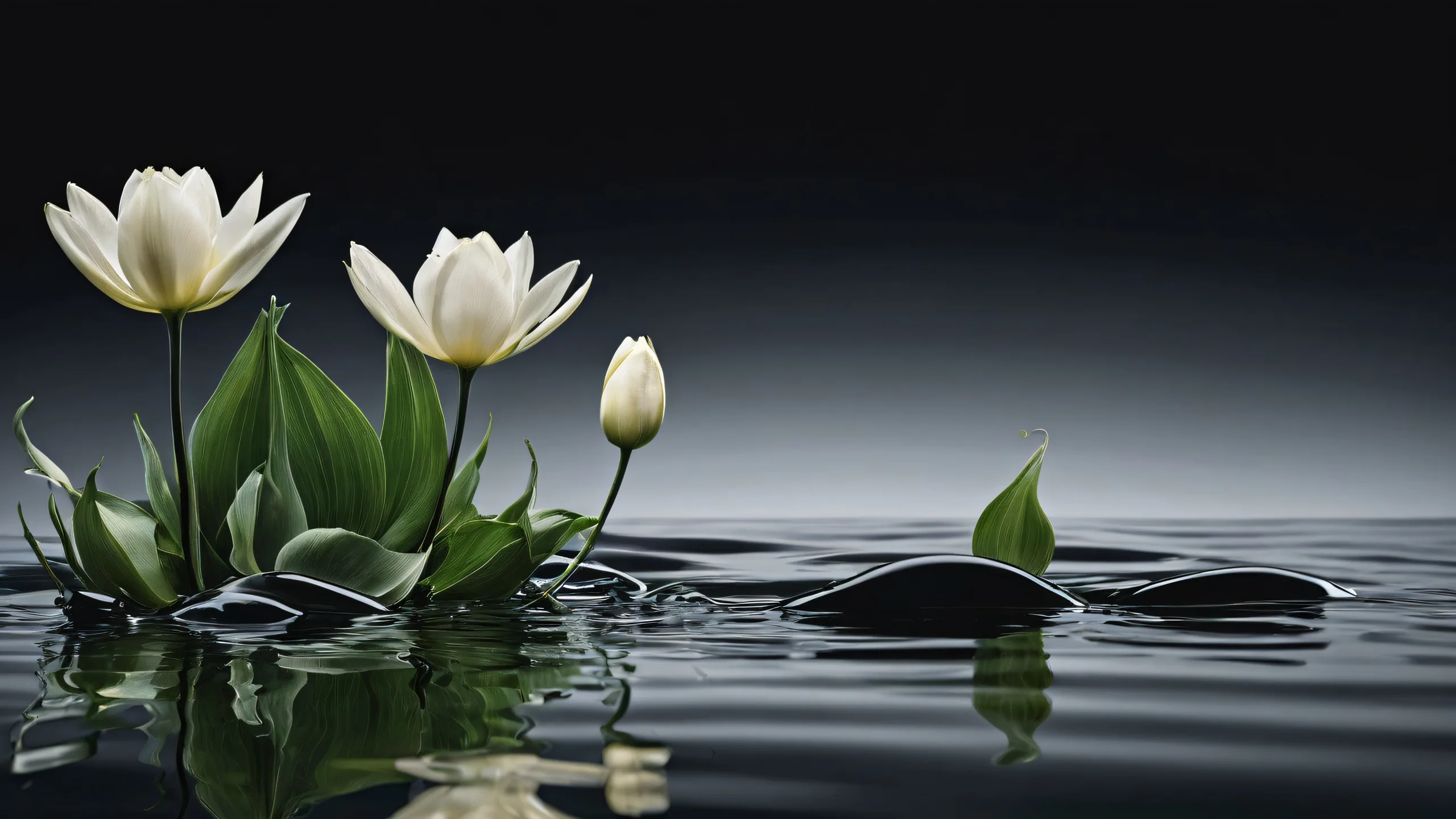 A stunning desktop wallpaper featuring flowers and water, perfect for a PC or desktop setup with extreme depth of field and subtle ripples.