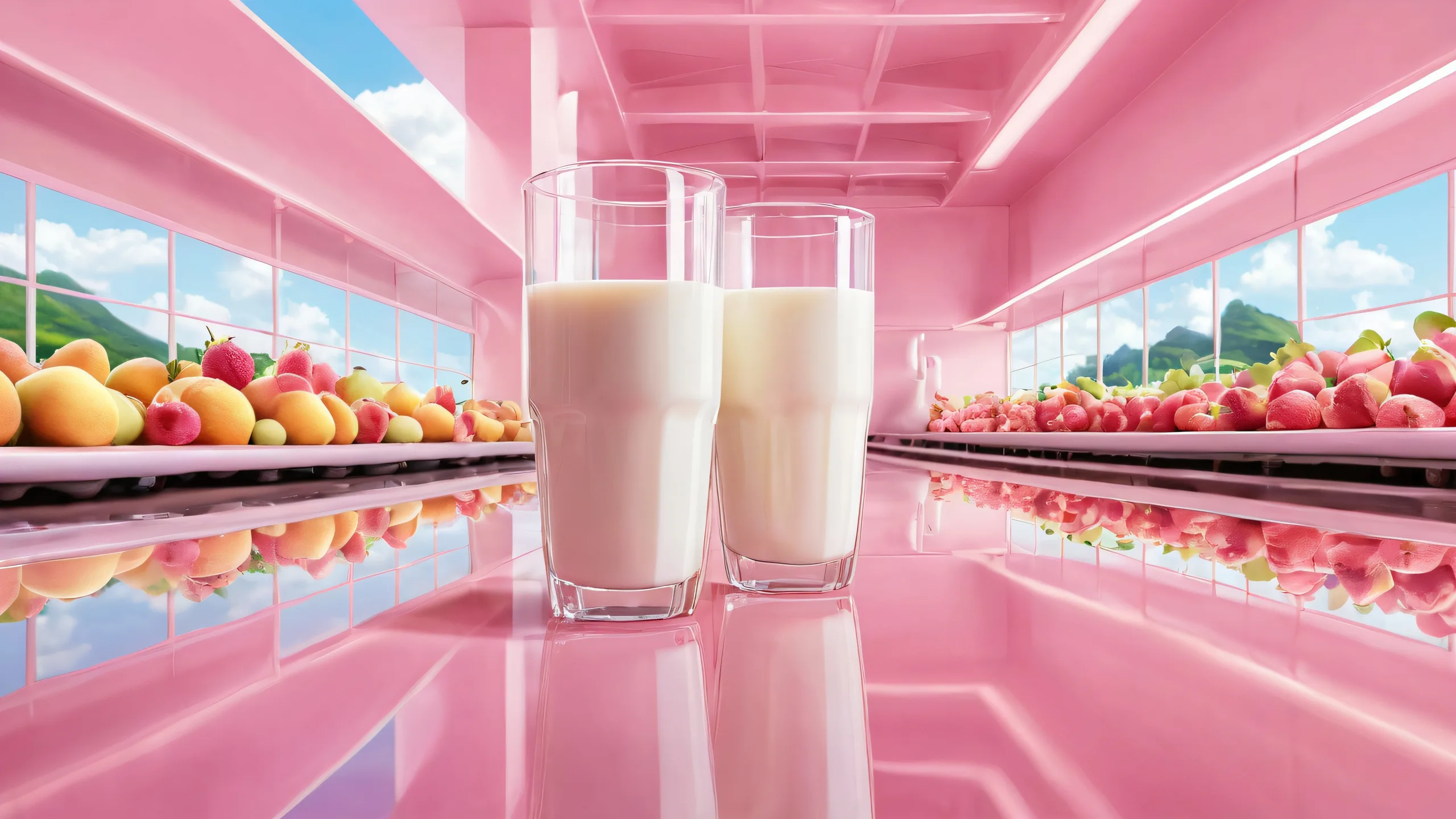 A beautiful desktop wallpaper of a cow-sized fruit milk farm on a pure void background, perfect for your PC or Desktop.