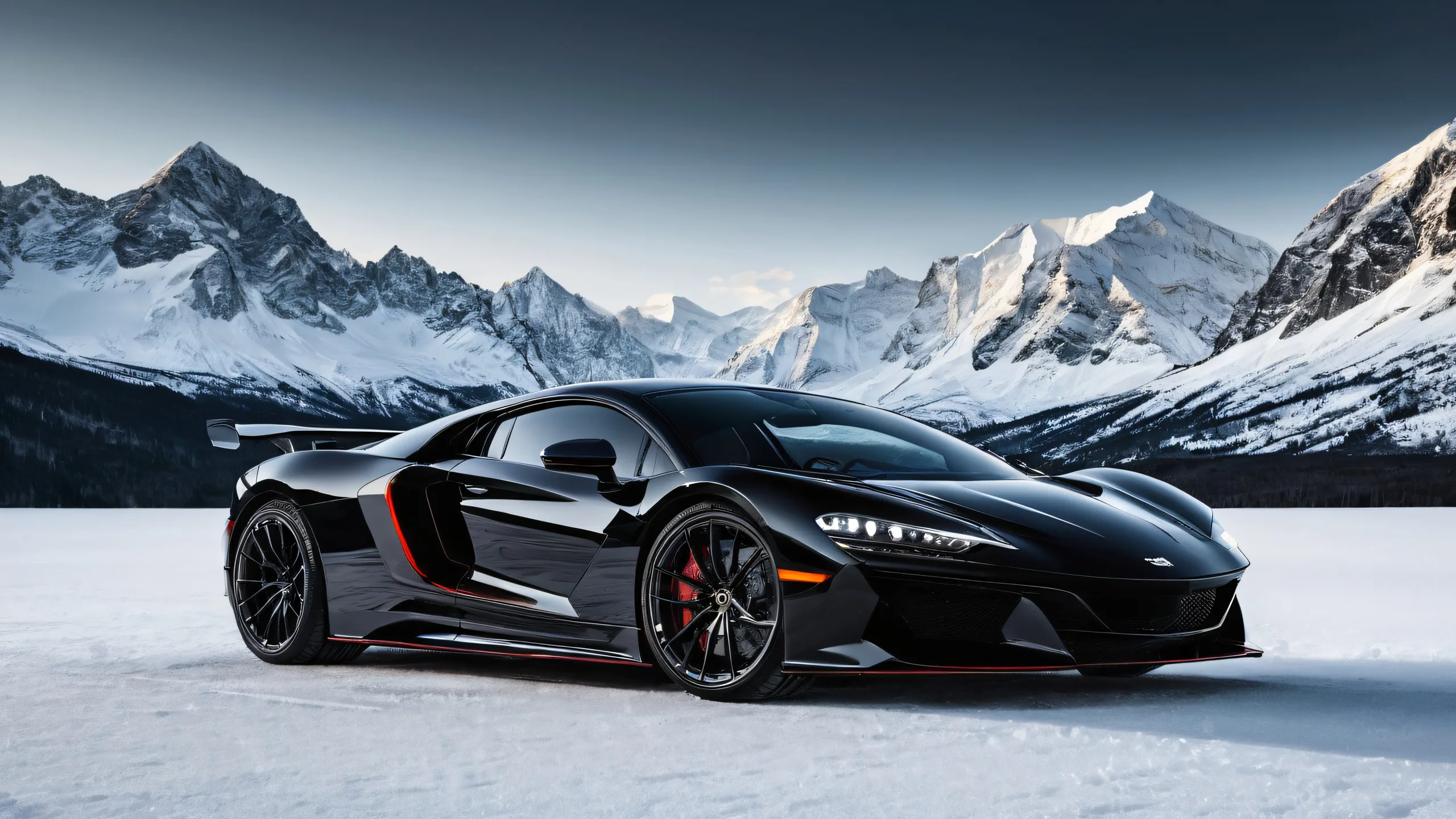 A serene desktop scene featuring a car in front of a snowy peak against a vast pure void, perfect for your Desktop/PC.