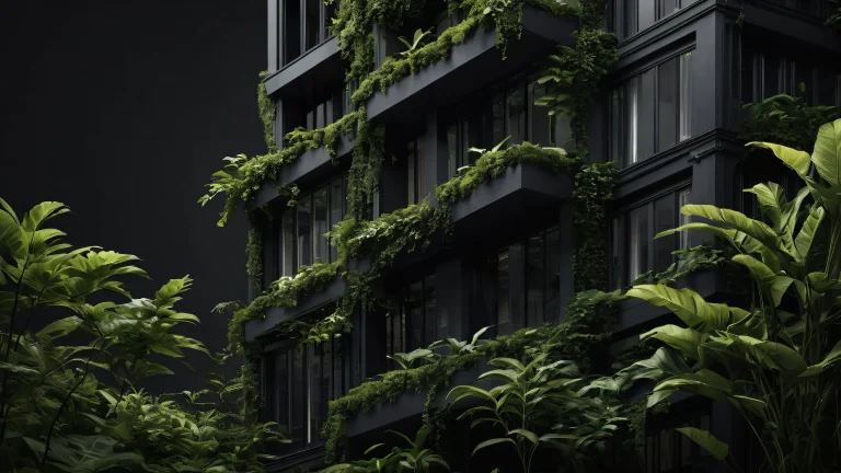 A sleek dark mode desktop wallpaper of a building amidst overgrown foliage on a perfectly clean void background, ideal for your Desktop/PC.