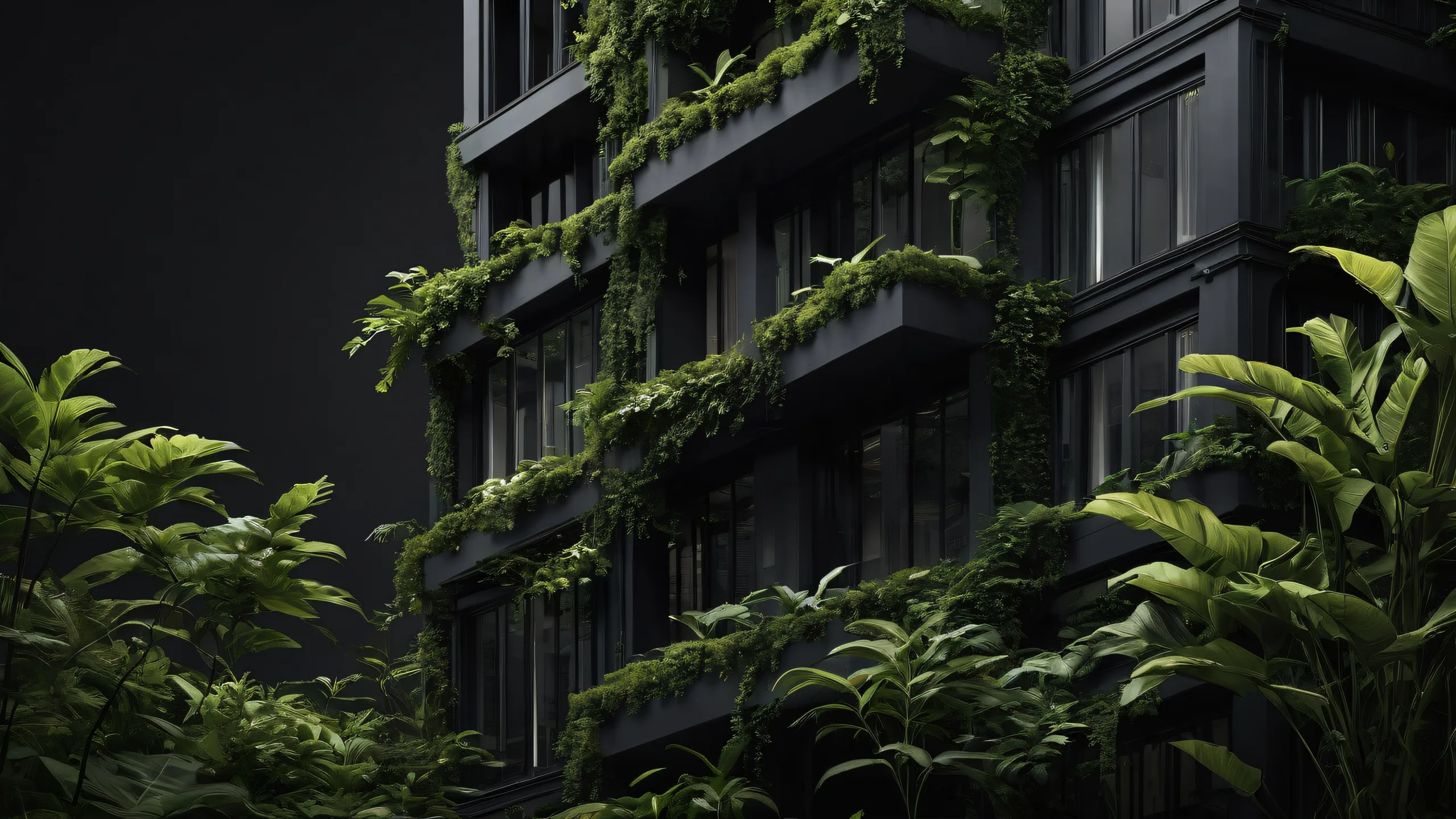 Ultra HD Breathtaking Urban Oasis Wallpaper A sleek dark mode desktop wallpaper of a building amidst overgrown foliage on a perfectly clean void background, ideal for your Desktop/PC.