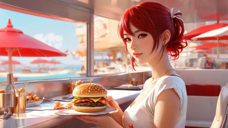 A stunning desktop image of BurgerGirl against a pristine pure void background, suitable for use on a Desktop/PC.