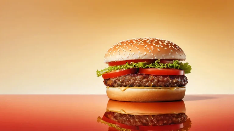 A stunning desktop wallpaper of a perfect Burger set against a vast pure void, with extreme depth of field, subtle texture, and radiant lighting for Desktop/PC.