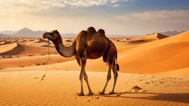 A majestic camel gazes out at the vast, pure void of a desert landscape on a desktop or PC.