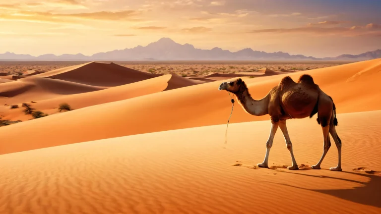 A stunning desert landscape with a camel standing in front of a vast pure void, perfect for desktop use on your PC or Mac.