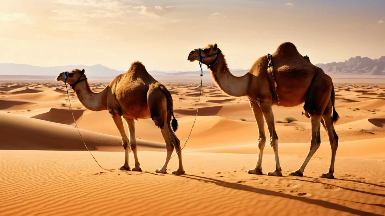 A beautifully rendered desktop image of a camel standing in a vast, pure desert void with extreme depth of field and ethereal lighting, PCまたはデスクトップでの使用に適しています.