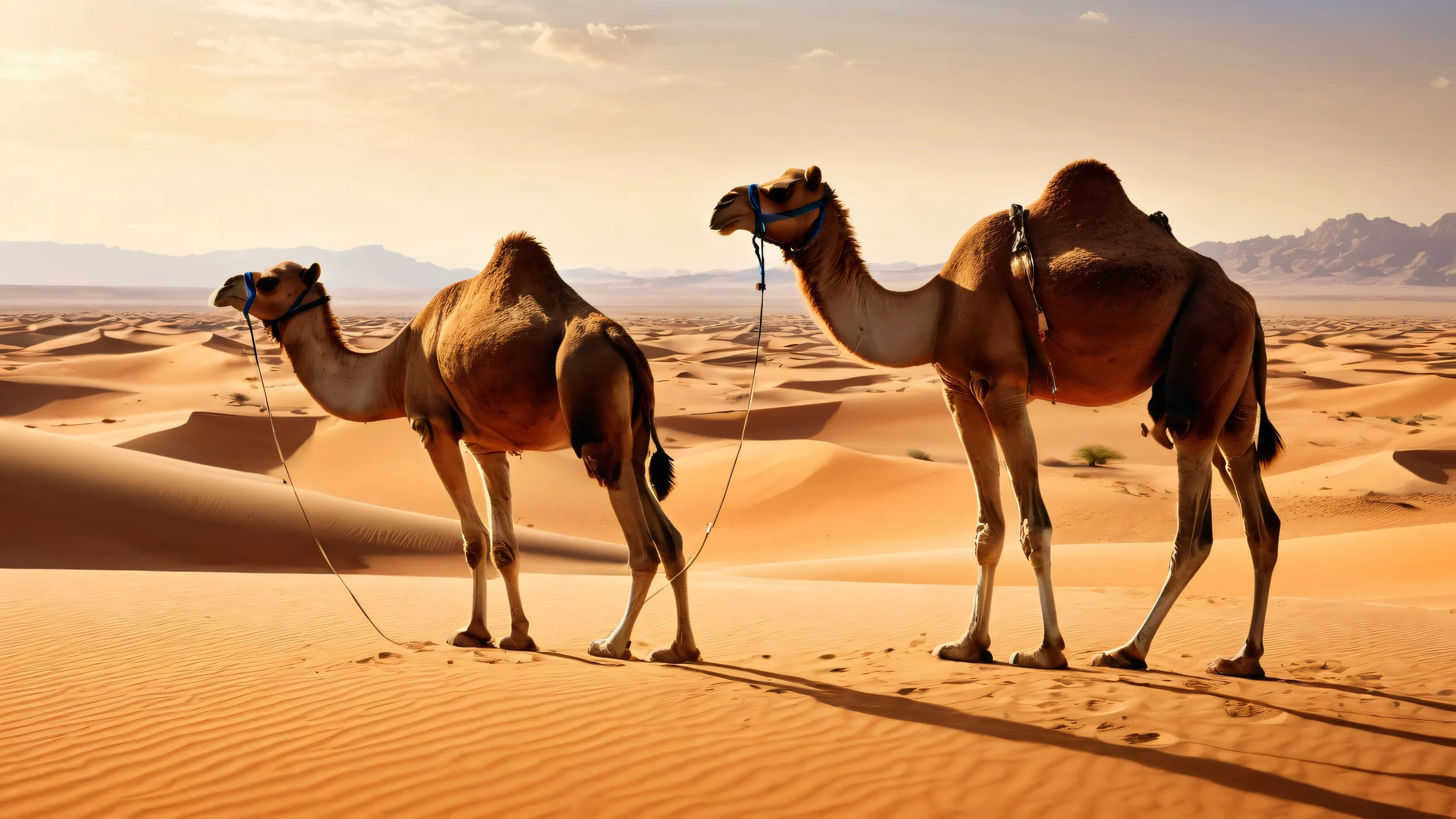 A beautifully rendered desktop image of a camel standing in a vast, pure desert void with extreme depth of field and ethereal lighting, suitable for PC or Desktop use.