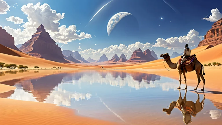 A majestic camel rider on a vast, empty desktop/pc with a breathtakingly deep void and ethereal lighting.