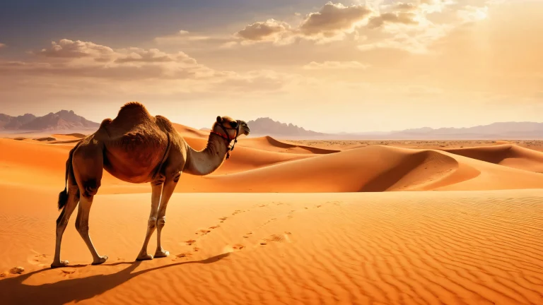 A breathtaking desktop wallpaper of a camel in a vast pure void desert landscape, ideal for Desktop/PC backgrounds.