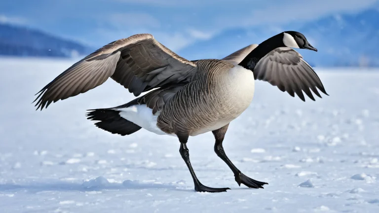 A majestic Canadian Goose stands proudly on a frosty blue background, with snowfall and extreme depth of field. Perfect for desktop PCs.