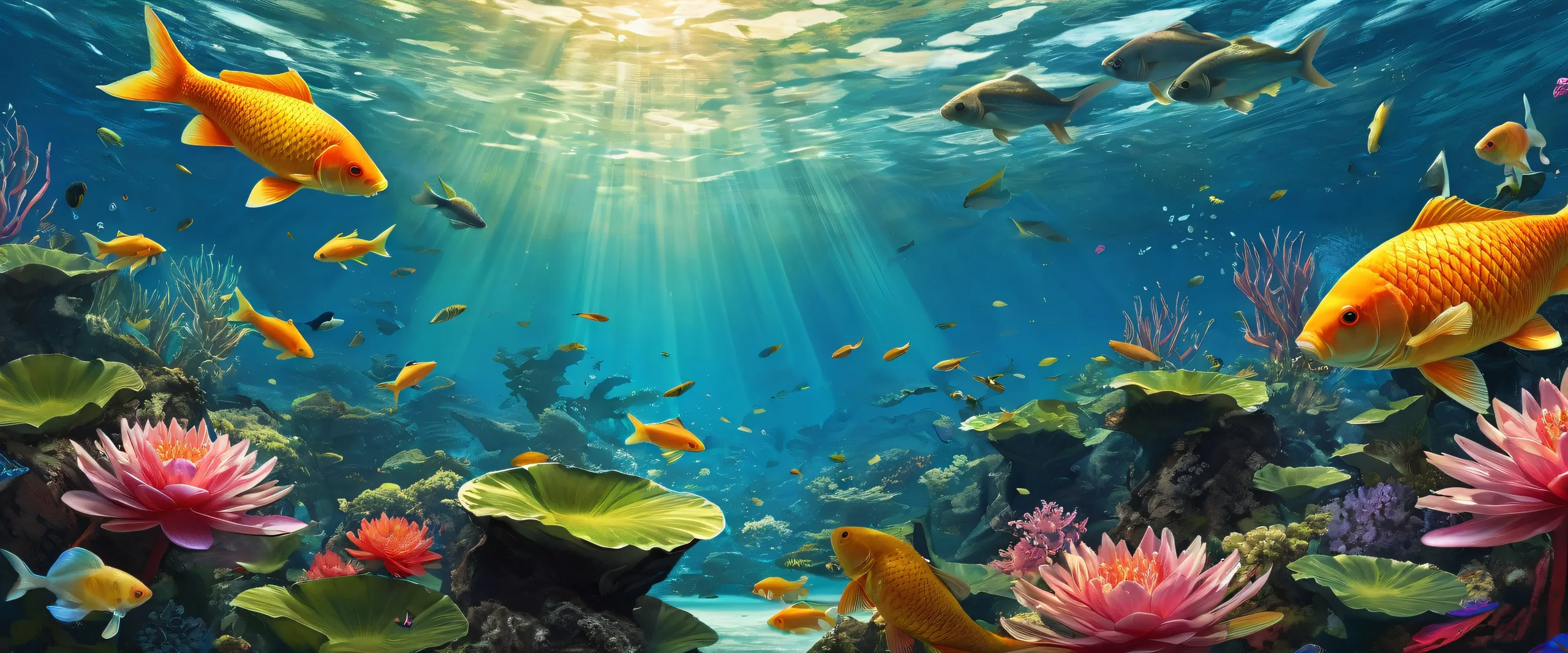 A serene underwater scene for your desktop or PC, featuring vibrant aquatic life and a pure void background.
