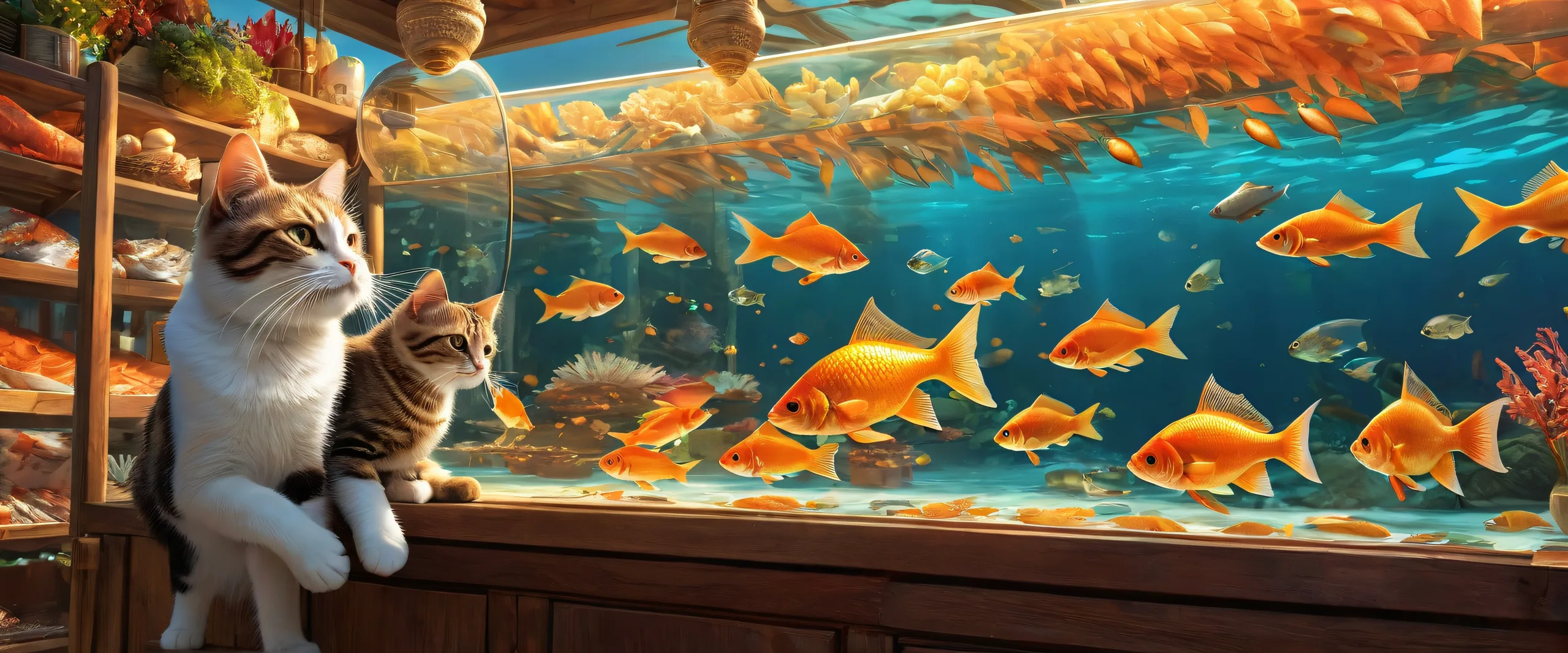 A cat and fish vendor scene on a pure void desktop background, suitable for PC or Desktop. Perfect for those who love humor.