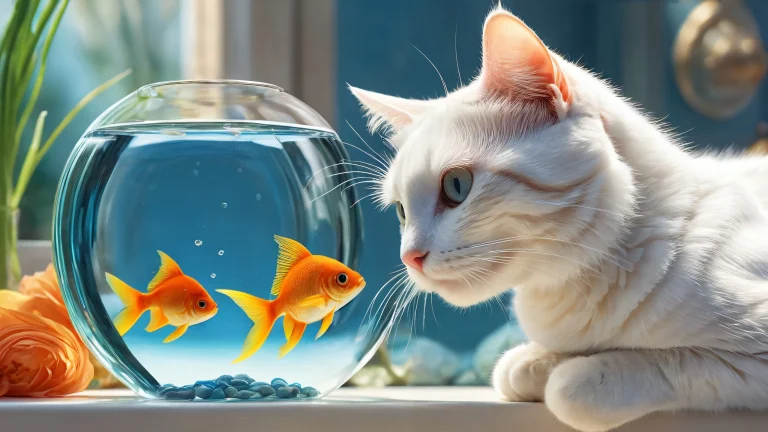 A stunning desktop wallpaper featuring a cat hugging a fish, set against a vast and pristine void, with a bustling market scene in the background. Designed for Desktop/PC use.