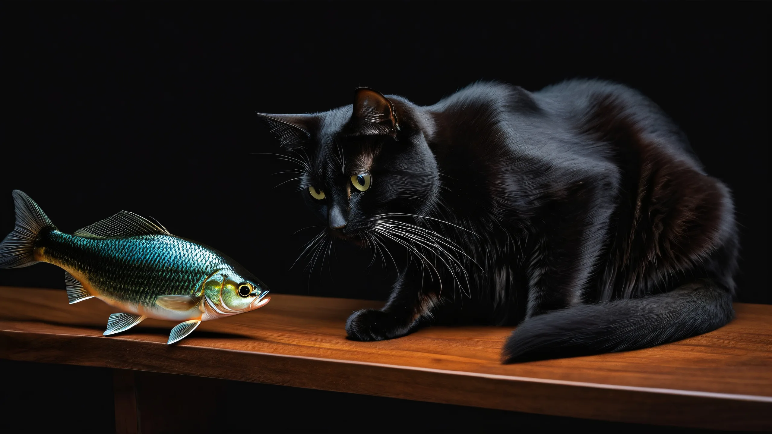 A minimalist desktop wallpaper featuring a cat playing with fish in a vast, pure void. Suitable for Desktop/PC screens.