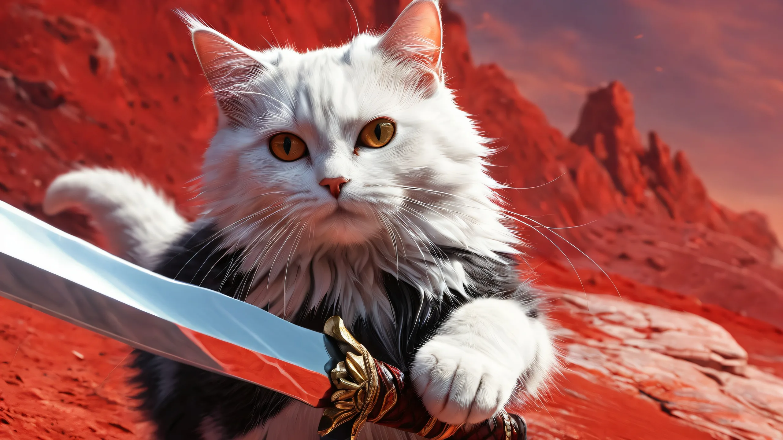 A cat with a spear stands out against a vast, pure void on a desktop or PC background, perfect for post-apocalyptic enthusiasts.