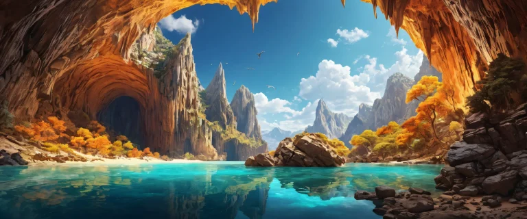 A stunning cave desktop wallpaper featuring a perfect void, extreme Schärfentiefe, and radiant colors for PC and Desktop use.