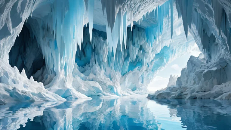 A serene desktop image of a vast cave, perfect for PCs and laptops, with ethereal lighting and brilliant colors.