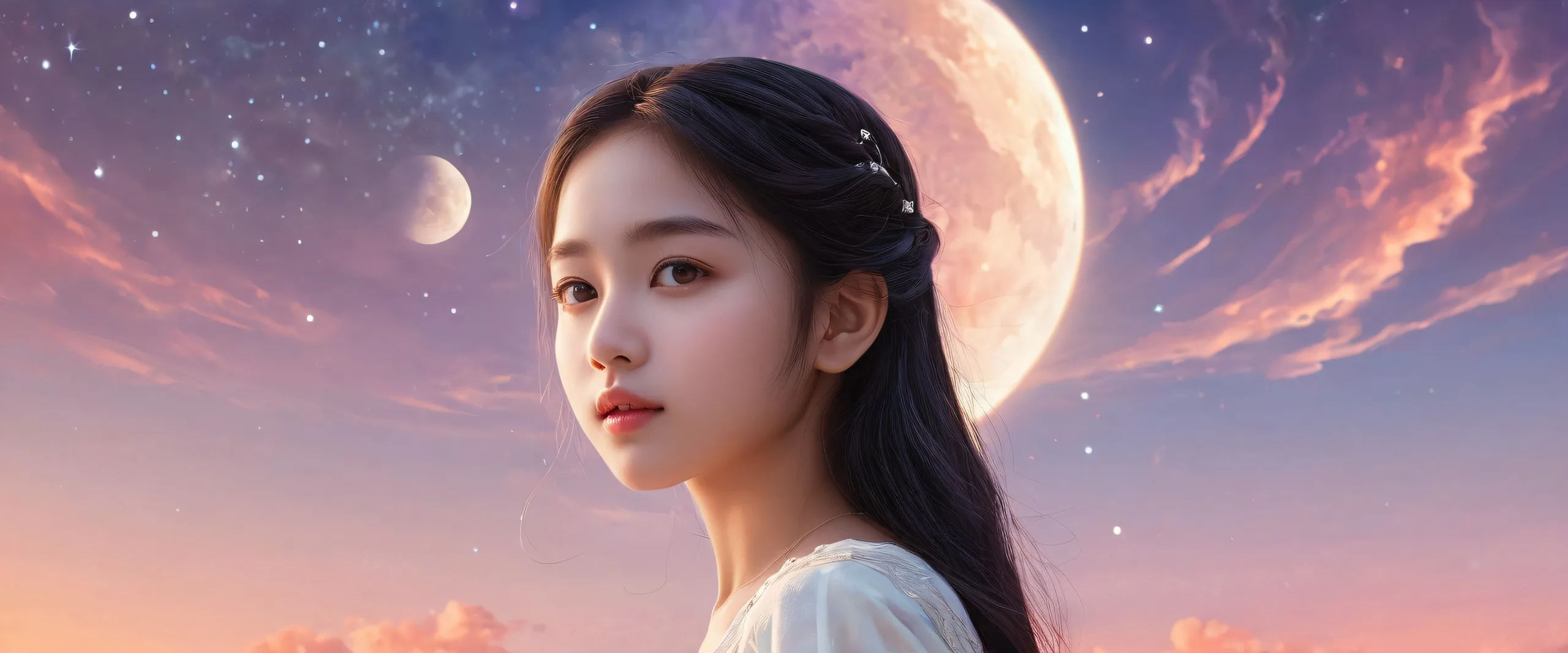 Ethereal desktop scene with one girl surrounded by celestial bodies and void, for Desktop/PC use.