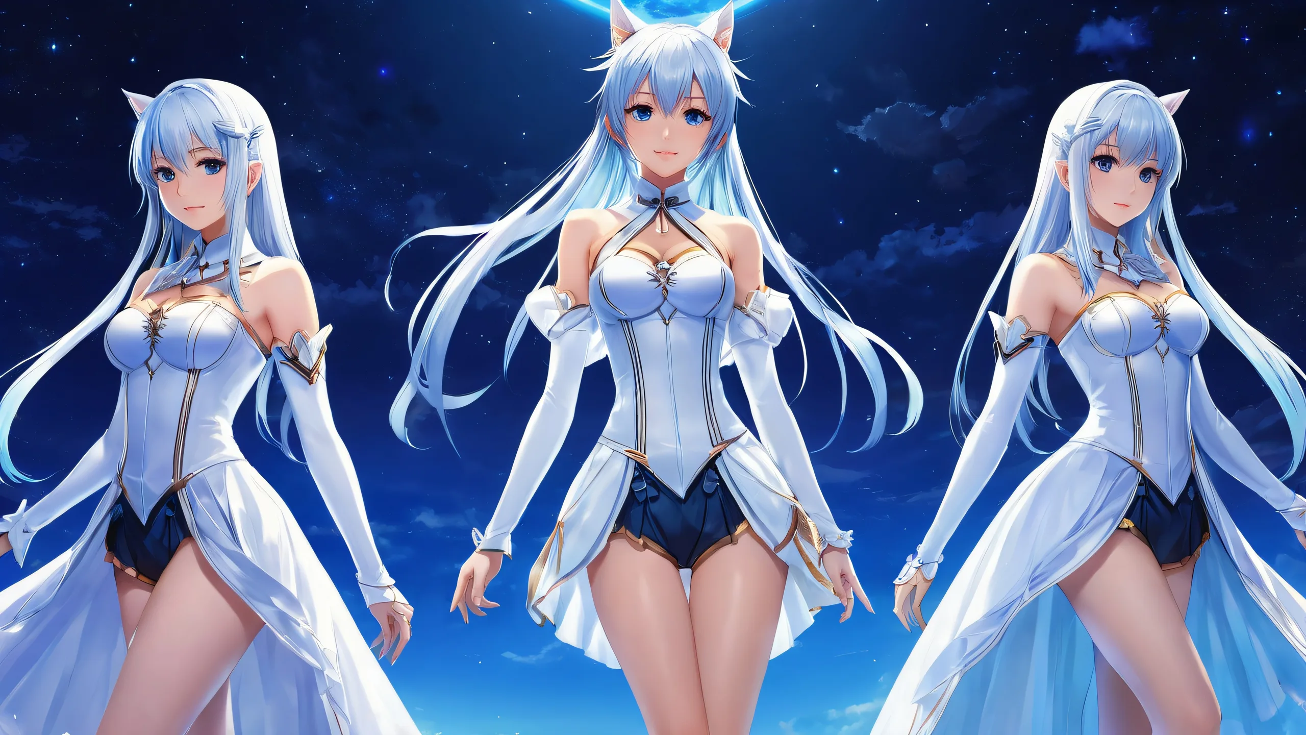 A majestic scene of standing anime girls against a pure blue background on a desktop or PC, perfect for a dark sky setting.