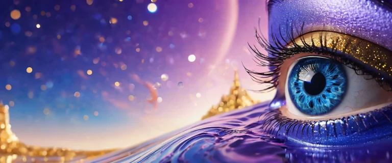 Ethereal eyes gazing into a vast, deep void on a pristine desktop/PC background, with radiant stars and Art Deco details.