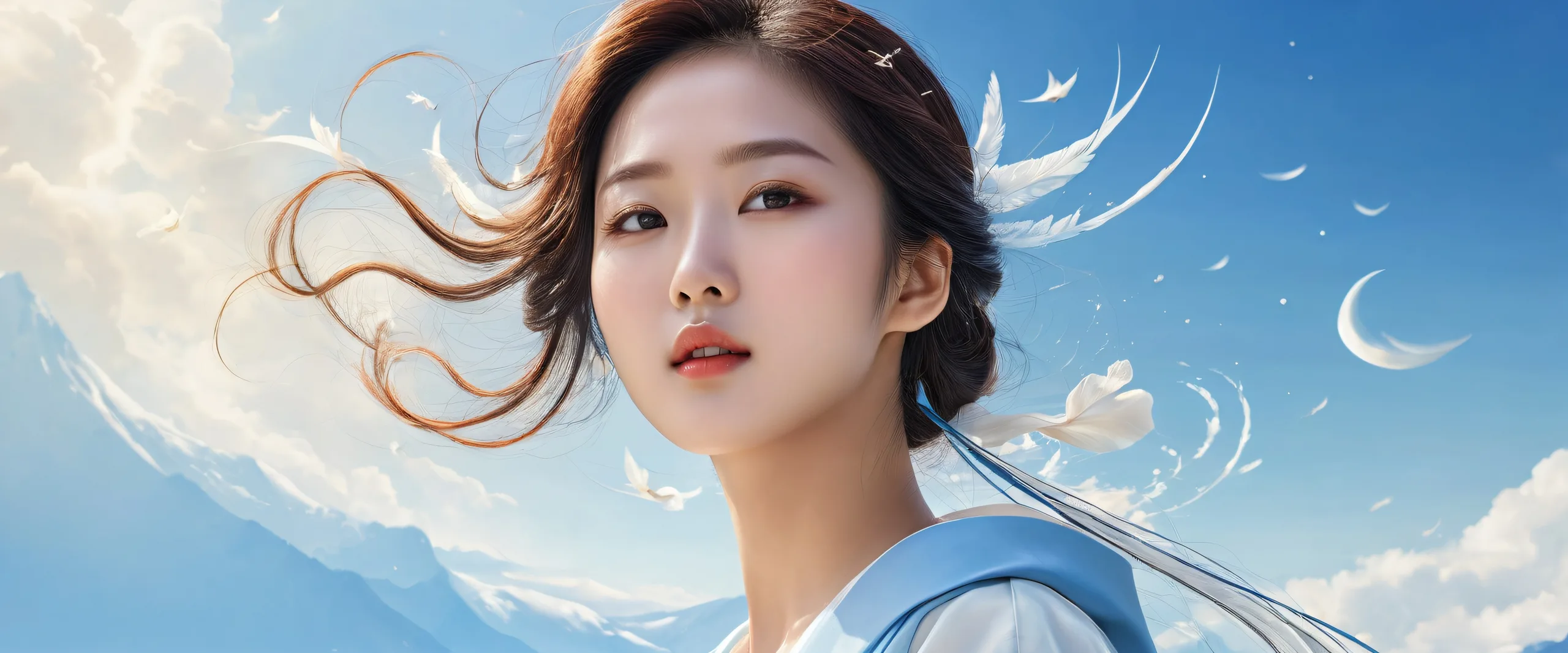 Breathtaking Korean woman in a vast, pure void with extreme depth of field, ideal for desktops and PCs.