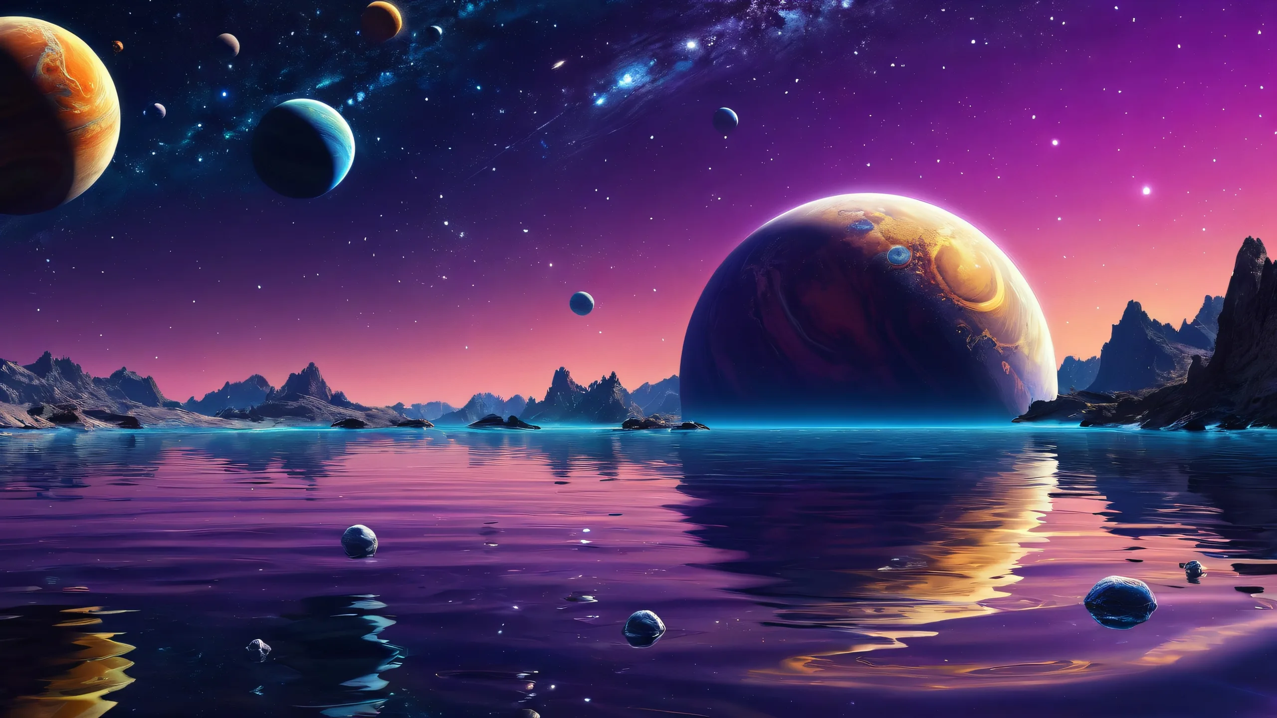 Stellar night sky with planets and stars on a dark desktop/PC background.