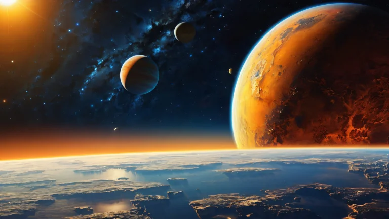 A stunning desktop wallpaper of Planet, with extreme depth of field and ethereal lighting, showcasing the beauty of celestial bodies and their movements on a Desktop/PC.