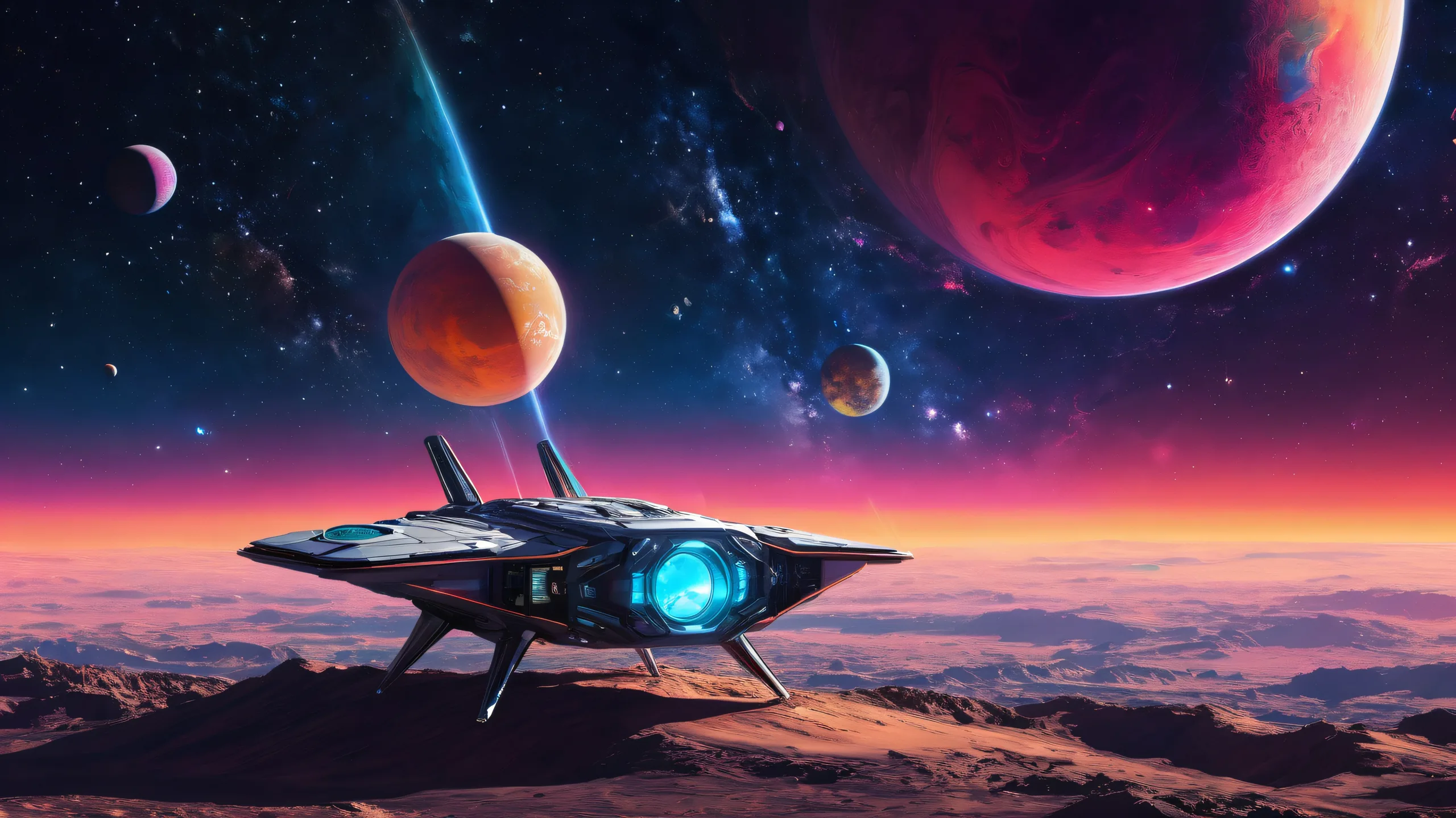 A stunning desktop image of spacecraft in a pure void, with celestial bodies and radiant colors, perfect for Desktop/PC