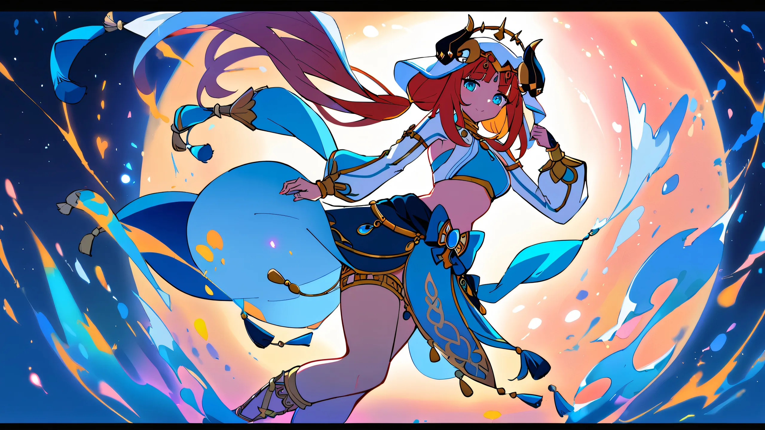 A girl, Nilou from Genshin Impact, stands alone in a vast, pure void with a bright blue sky reminiscent of a celestial horizon, on a desktop/pc.