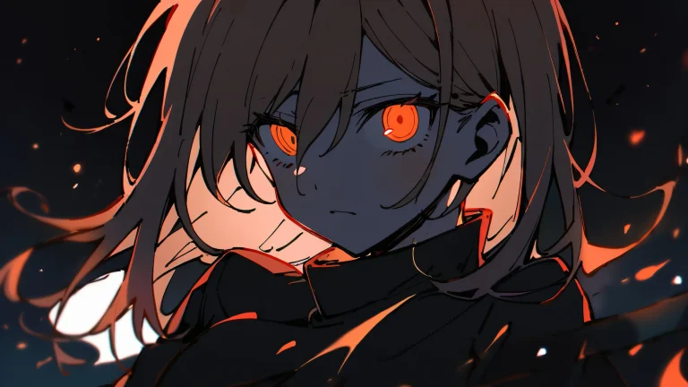 A young woman in a chainsaw suit looks directly at the viewer against a stunning backdrop of a perfectly clean and vast pure void, set against an extreme depth of field with black background, as night scenes unfold with glowing lights and dramatic shadows.