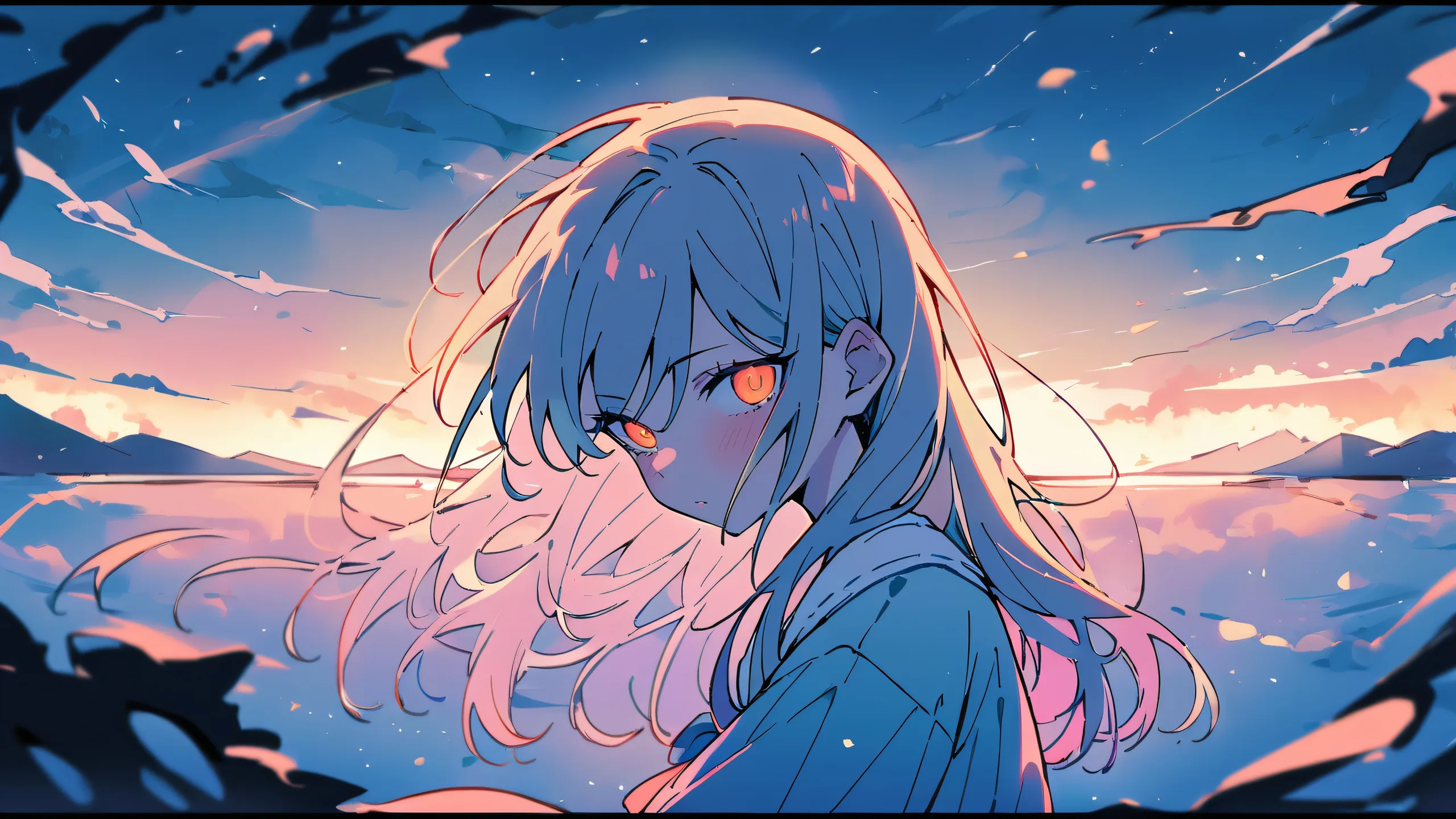 A solo chainsaw girl looks directly at the viewer against a beautifully lit pure void with an extreme depth of field, set on a desktop/pc.