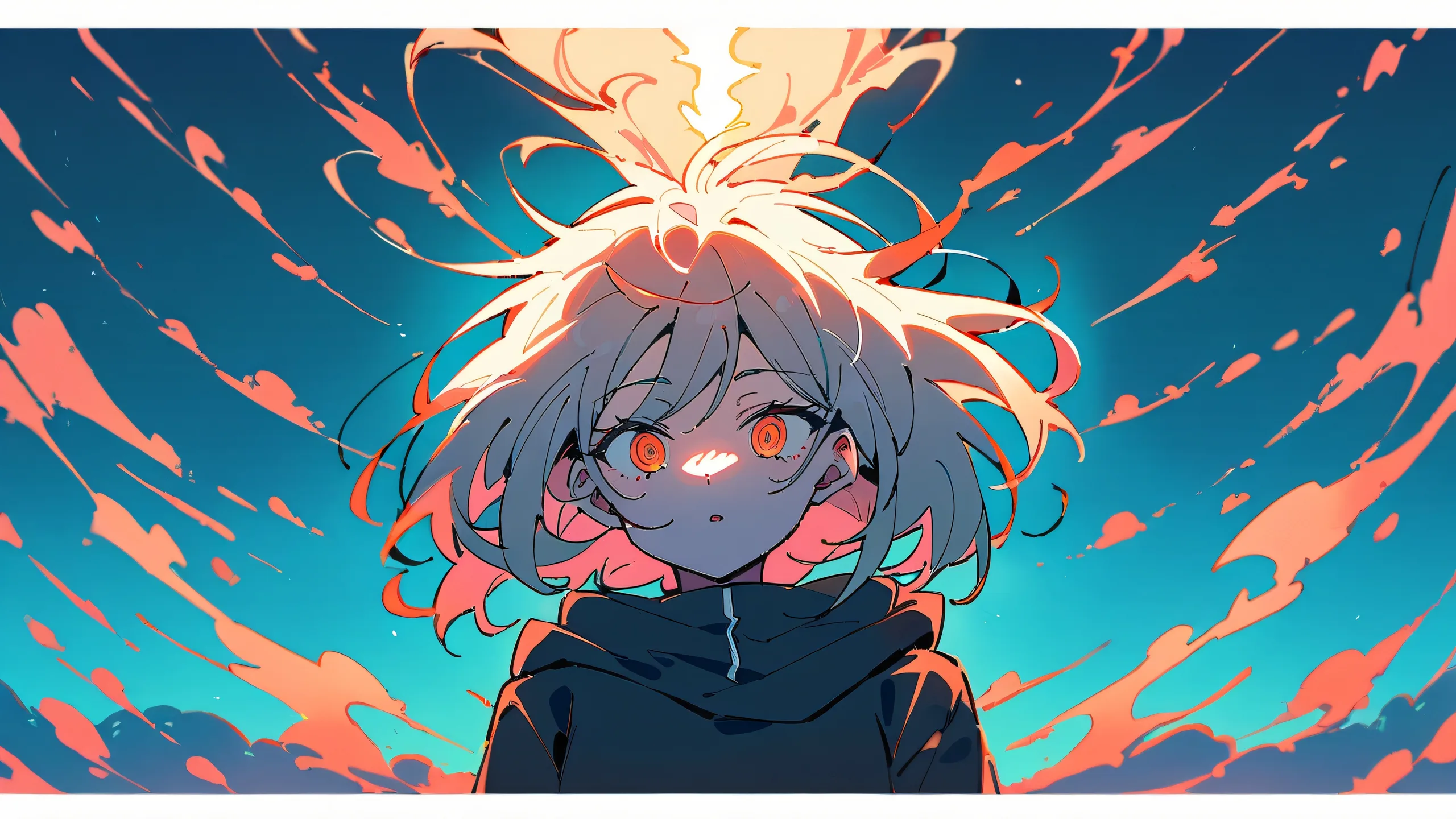 A solo girl stands in front of a perfectly clean vast pure void, looking directly at the viewer with her chainsaw, set against an extreme depth of field with subtle hints of nostalgia and whimsy on a bright and airy 16:9 desktop/pc.