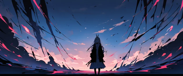 A girl wielding a chainsaw looks out at the viewer from amidst a vast, perfectly clean pure void with an extreme depth of field and gray background, visible on a desktop or PC.