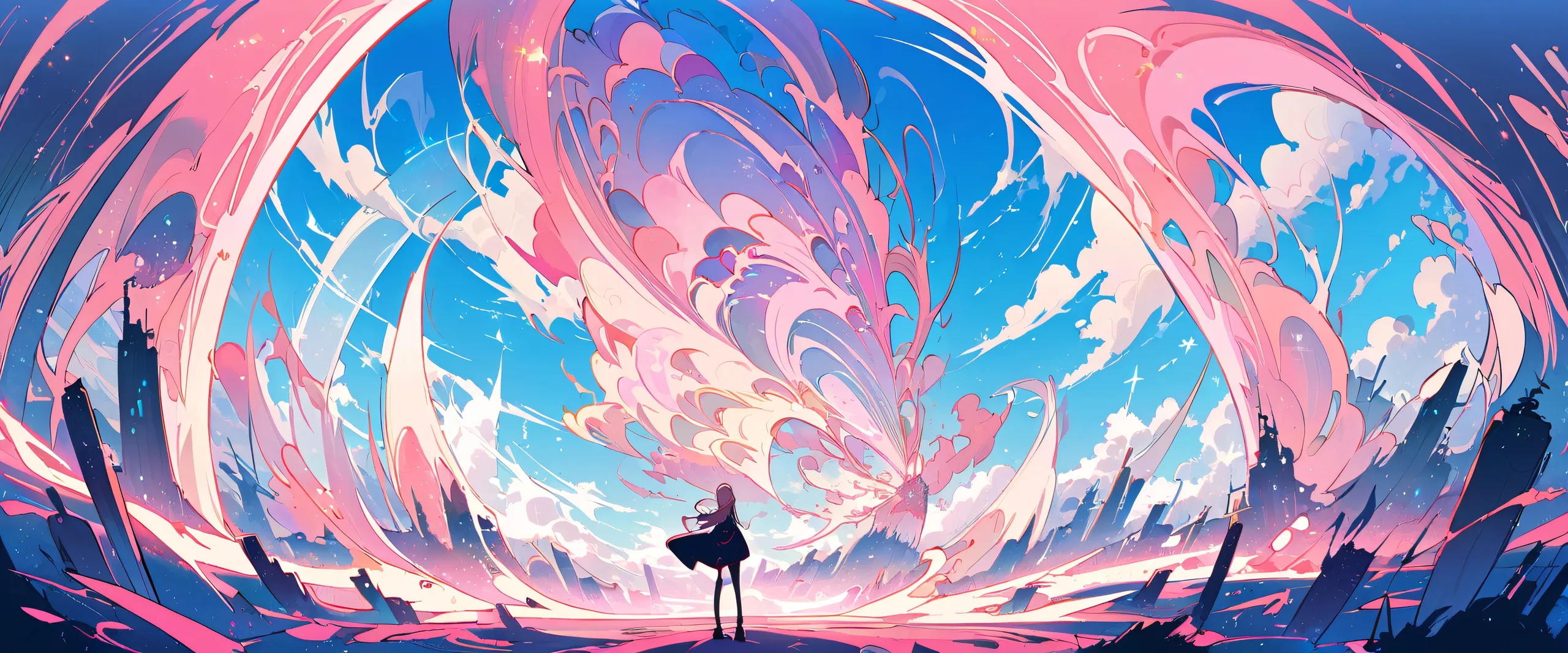 A Chainsaw wielding girl stands in a perfectly clean vast pure void, with extreme depth of field and hint of futuristic architecture in the distance, suitable for Desktop/PC use.