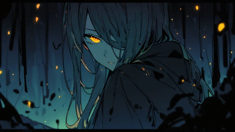 A young woman with a chainsaw stands alone in a vast, desaturated landscape at night, looking directly at the viewer. Perfectly clean void.