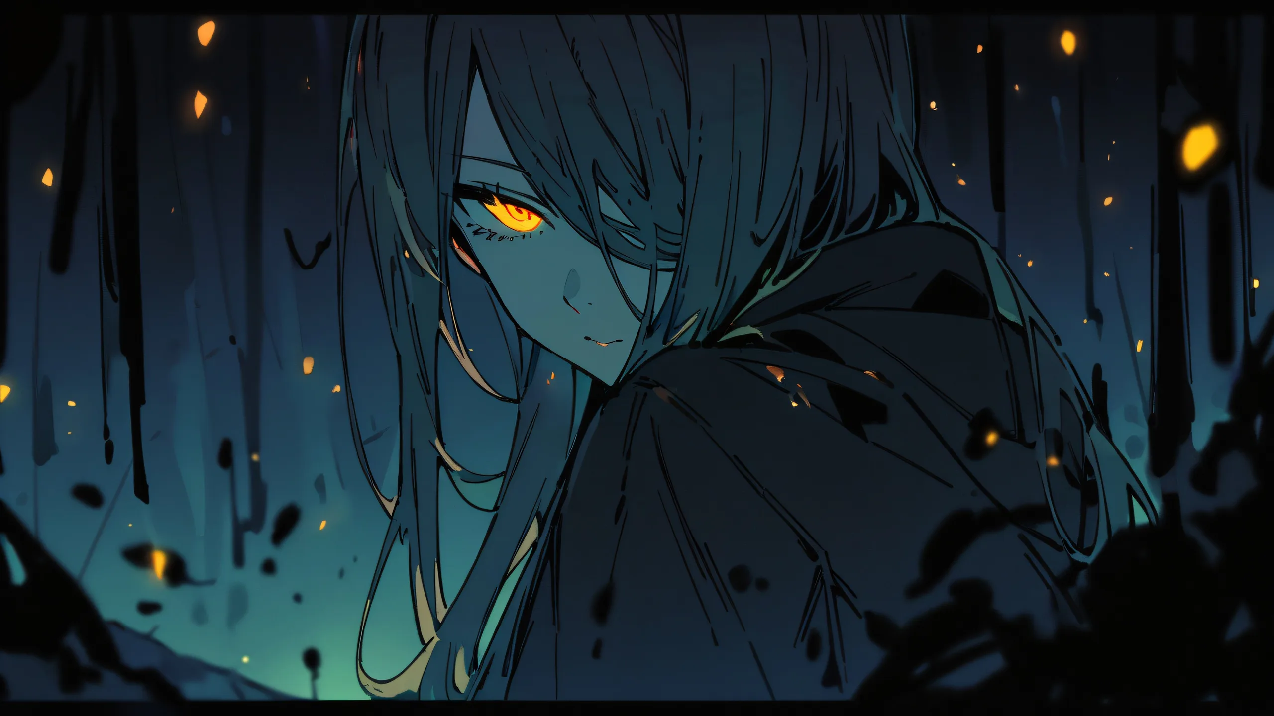 A young woman with a chainsaw stands alone in a vast, desaturated landscape at night, looking directly at the viewer. Perfectly clean void.