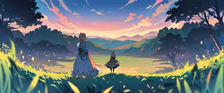 A solo Chainsaw Girl stands in a perfectly clean vast pure void, surrounded by a meadow at the forest edge on your Desktop/PC.